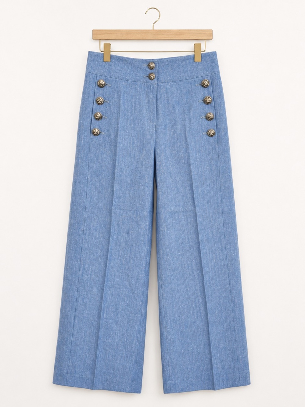 Maison Common Blue Linen Cotton Wide Leg Sailor Pants Size 40 US 10